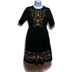 Roolee Womens Black Floral Embroiderd Fit Flare Dress Sz XS Pockets Cottagecore